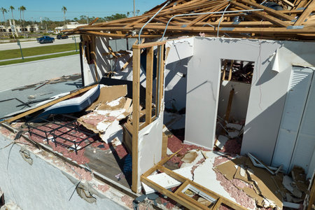 Consequences of natural disaster. Damaged house roof with missing shingles and broken apart walls...