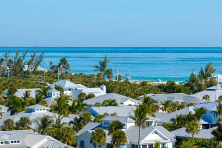 Expensive waterfront houses between green palm trees in Boca Grande, small town on Gasparilla Island in southwest Florida. Premium housing development in the USAの写真素材