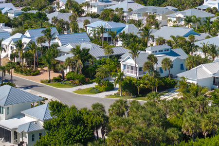 Premium housing development in the USA. Expensive houses between green palm trees in southwest Floridaの写真素材