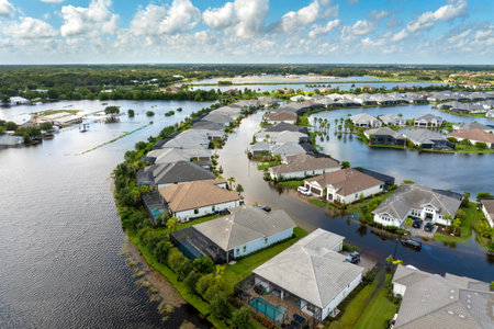 Tropical rainstorm flooded residential homes in suburban community in Florida. Hurricane aftermathの写真素材