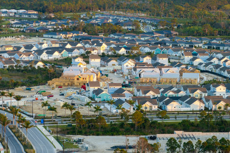 Unfinished frames of inexpensive homes with wooden roof beams under construction. Development of residential housing in US suburbs. Real estate market in the USAの写真素材