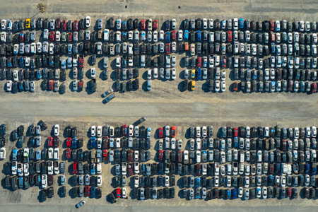 View from above of big parking lot with parked used cars after accident ready for sale. Auction reseller company selling secondhand broken vehicles for repairの写真素材