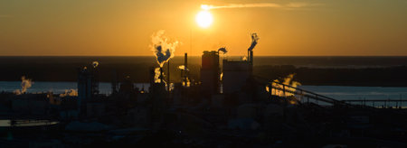 Aerial view of large factory with smokestack from production process polluting atmosphere at plant manufacturing yard. Industrial site at sunsetの写真素材