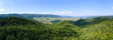 Aerial view of mountain hills covered with dense green lush woods on bright summer dayの写真素材