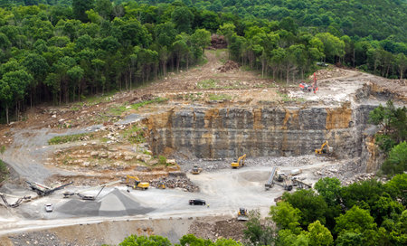 Aerial view of open pit mining site of limestone materials extraction for construction industryの写真素材