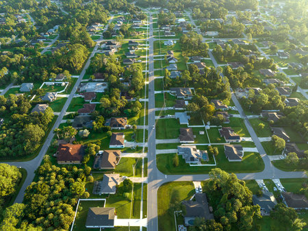 Aerial view of street traffic with driving cars in small town. American suburban landscape with private homes between green palm trees in Florida quiet residential areaの写真素材
