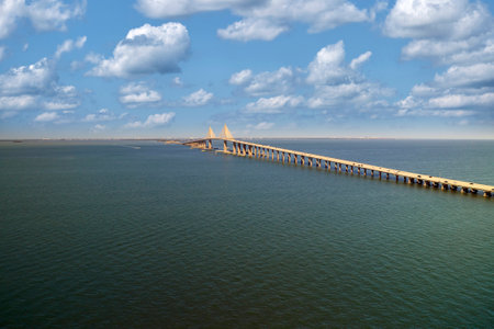 Aerial view of Sunshine Skyway Bridge over Tampa Bay in Florida with moving traffic. Concept of transportation infrastructureの写真素材
