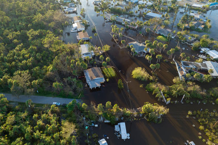 Aftermath of natural disaster. Flooded houses by hurricane rainfall in Florida residential areaの写真素材