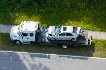 Car crash site with tow truck loading destroyed vehicle on American street. Emergency services personnel responding to accident in Florida, USAの写真素材