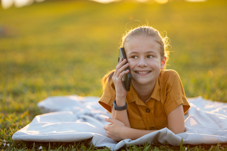 Child girl talking with her friend on cellphone outdoors in summer parkの写真素材