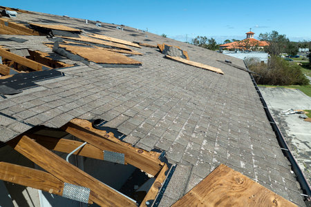 Consequences of natural disaster. Damaged house roof with missing shingles after hurricane Ian in Floridaの写真素材
