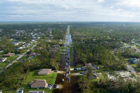Flooded american street with moving vehicles and surrounded with water houses in Florida residential area. Consequences of hurricane natural disasterの写真素材