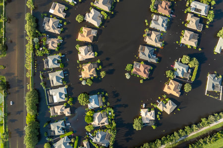Flooded residential area with underwater houses from hurricane Debby rainfall water in Laurel Meadows community in Sarasota, Florida. Aftermath of natural disaster in southern USAの写真素材