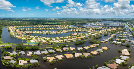 Flooded residential area with underwater houses from hurricane rainfall water in Florida suburban community. Aftermath of natural disaster in southern USAの写真素材
