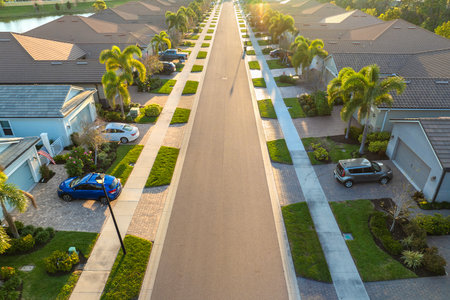 Gated community with expensive houses between green palm trees in southwest Florida. Premium housing development in the USAの写真素材