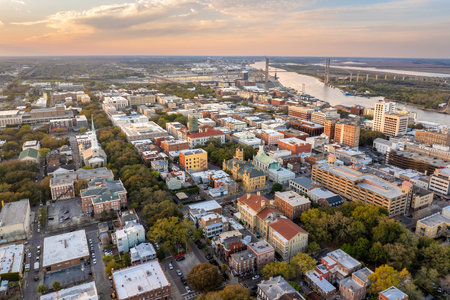 Historical American city architecture at night. Savannah, old city in Georgia state. Illuminated streets and buildings from aboveの写真素材