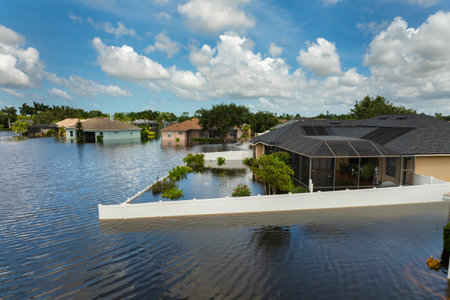 Hurricane flooded homes in residential community in Florida, USA. Aftermath of natural disasterの写真素材