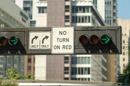 Overhead traffic lights high above street in Miami, Floridaの写真素材
