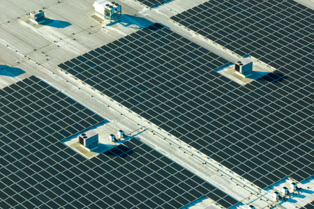 Aerial view of solar power plant with blue photovoltaic panels mounted on industrial building roof for producing green ecological electricity. Production of sustainable energy conceptの写真素材