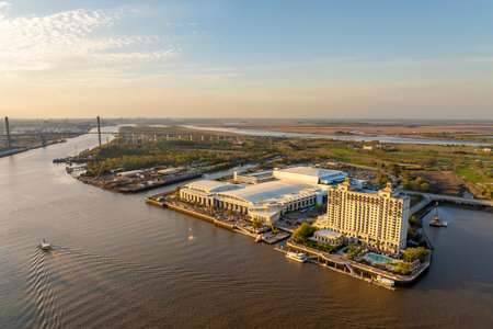 Savannah convention center in historical city Savannah in Georgia. Southern USA cityscape at sunsetの写真素材