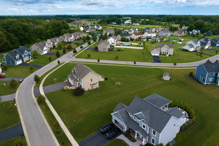 Top view of expensive two story private houses in Rochester NY suburbia. New family homes in upscale community. Real estate development in american suburbsの写真素材
