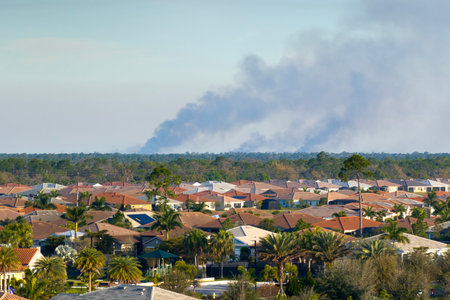 Smoke from prescribed forest fire rising up over suburban neighborhood in Floridaの写真素材
