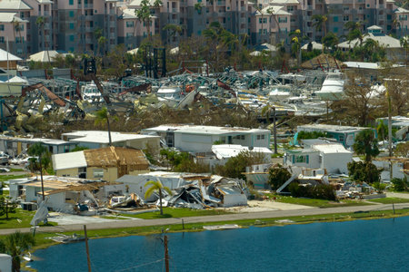 View from abover of damaged mobile homes after hurricane Ian in Florida residential area. Consequences of natural disasterの写真素材