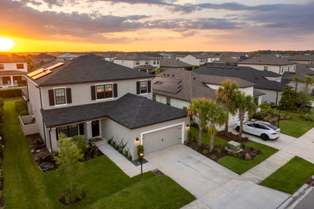 Wealthy neighborhood with expensive houses in southern Florida. Development of US premium housing marketの写真素材