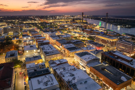 Aerial view of Broughton Street in Savannah, Georgia. American city old historical architecture. USA panoramic cityscape at nightの写真素材