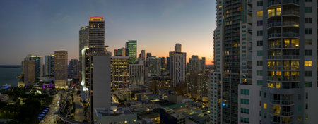 Aerial view of downtown office district of of Miami Brickell in Florida, USA at night. High commercial and residential skyscraper buildings in modern american megapolisの写真素材