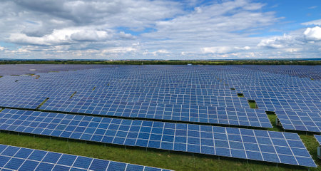 Aerial view of large sustainable electrical power plant with rows of solar photovoltaic panels for producing clean electric energy. Concept of renewable electricity with zero emissionの写真素材