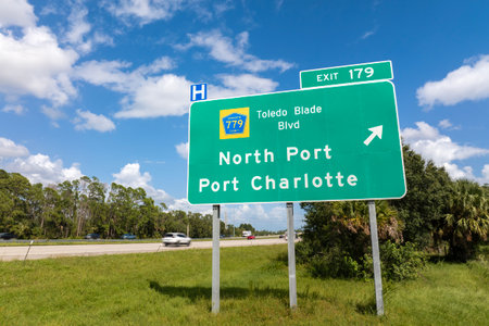 American freeway exit sign in Florida. I-75 highway junction with direction to North Port and Port Charlotteの写真素材