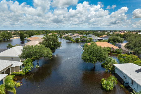 Flooding in Florida caused by tropical storm from hurricane rainfall. Suburb houses in residential community surrounded by flood waters. Aftermath of natural disasterの写真素材