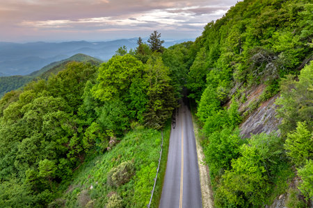 Forest road in North Carolina Appalachian mountains, USA. Blue Ridge Parkway American highway in summer rain seasonの写真素材