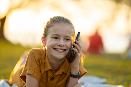 Happy teenage girl talking on her cellphone outdoors sitting in summer parkの写真素材