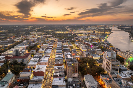 Old historic city architecture in Southern USA. View from above of illuminated streets of Savannah, Georgia at nightの写真素材