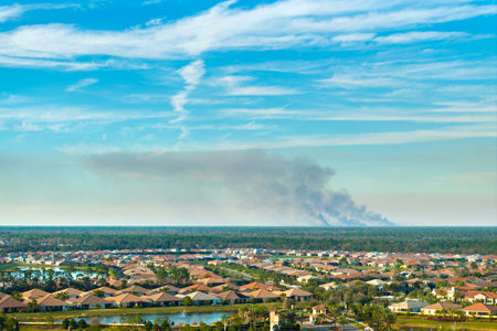 Prescribed fire smoke rising up over suburban neighborhood in Floridaの写真素材