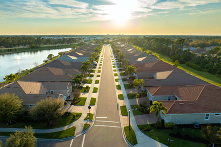 Residential neighborhood in Florida with suburban houses. Development of US premium housingの写真素材
