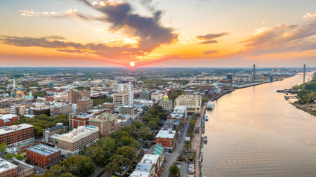River Street in Savannah, Georgia. Waterfront American architecture with illuminated streets and historical buildingsの写真素材