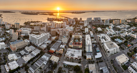 Sarasota, Florida city architecture at sunset. High-rise office buildings in downtown district. Real estate development in Florida. USA travel destinationの写真素材