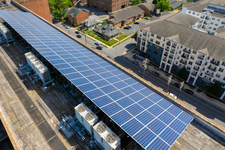 Solar rooftop on apartment condo building in Nashville, Tennessee. Production of clean ecological electrical energy. Renewable electricity with zero emissionの写真素材