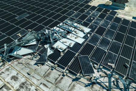 Top view of destroyed by hurricane Ian photovoltaic solar panels mounted on industrial building roof for producing green ecological electricity. Consequences of natural disaster in Floridaの写真素材