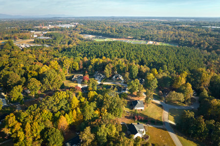 Aerial view of new family houses between yellow trees in South Carolina suburban area in fall season. Real estate development in american suburbsの写真素材