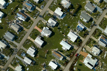 Badly damaged mobile homes after hurricane Ian in Florida residential area. Consequences of natural disasterの写真素材
