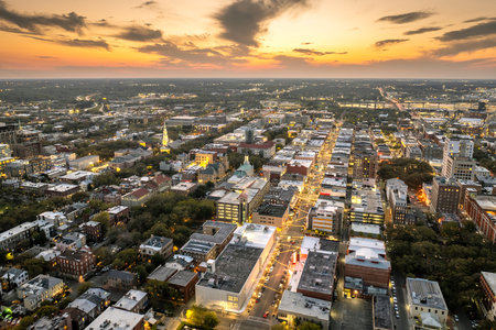 Broughton Street in Savannah, Georgia. Urban landscape of old historical city. USA cityscape at sunsetの写真素材