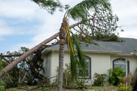 Damage to Florida house roof from uprooted tree after hurricane. Insurance claim on destroyed home. Aftermath of natural disaster conceptの写真素材