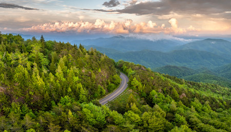 Evening mountain landscape of forest road in North Carolina Appalachians, USA. Blue Ridge Parkway American highway in summer seasonの写真素材