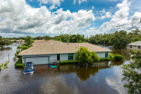 Flooded residential area with underwater cars and houses from hurricane Debby rainfall water in Laurel Meadows community in Sarasota, Florida. Aftermath of natural disaster in southern USAの写真素材