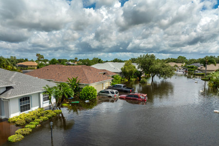 Flooding in Florida caused by tropical storm from hurricane rainfall. Suburb houses in residential community surrounded by flood waters. Aftermath of natural disasterの写真素材