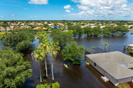 Hurricane Debby flooded street in Sarasota, Florida. Victims kayaking on rainfall flood waters between rural homes in residential areaの写真素材